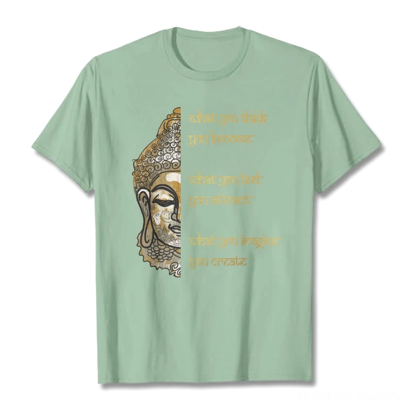 Cream beige what you think Buddha mindfulness shirt casual display with gold printed design