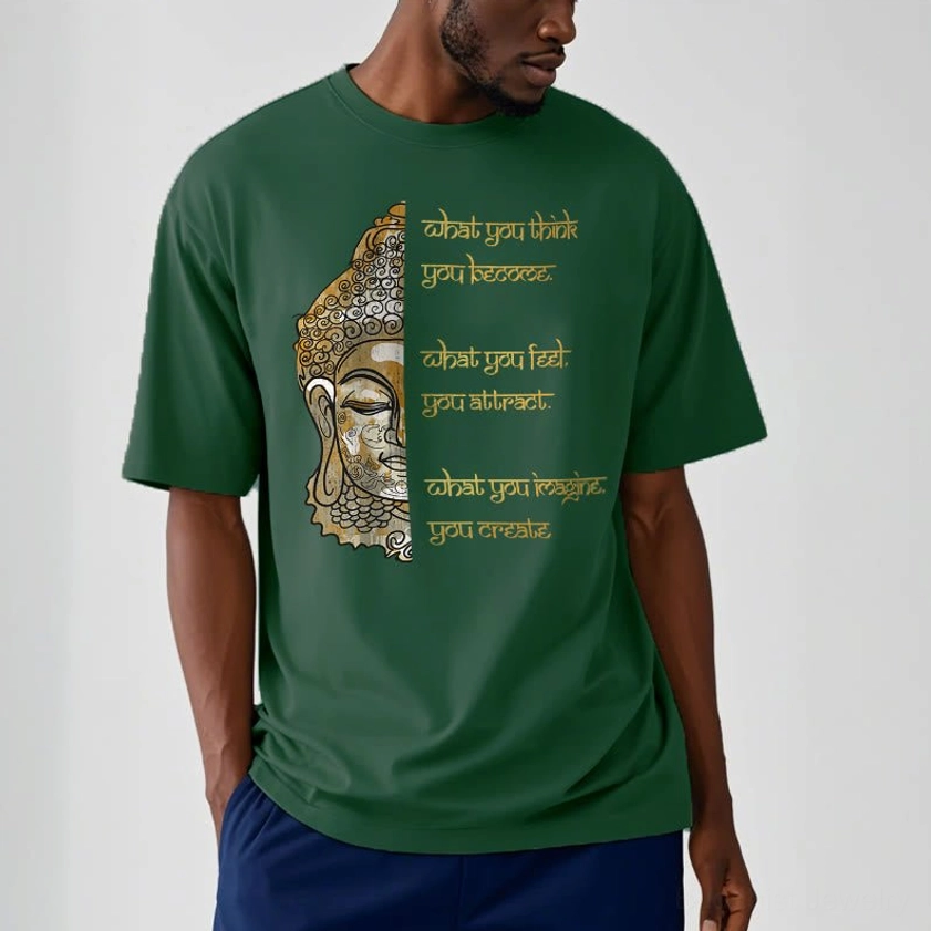 Male model wearing light cyan what you think Buddha shirt casual front pose with gold graphic