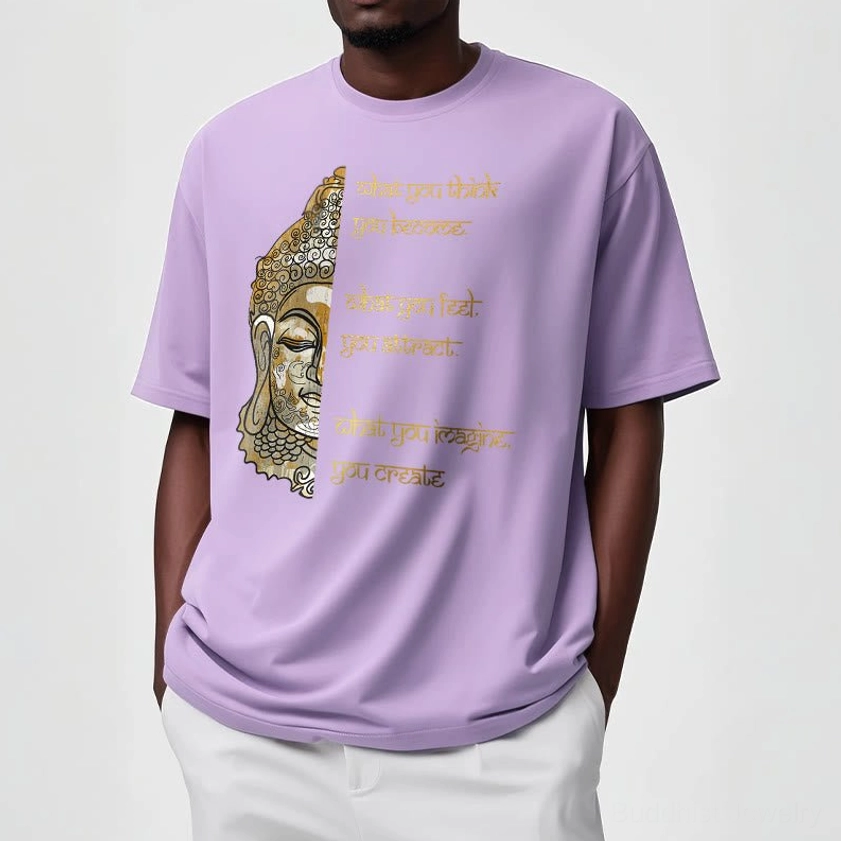 Female model wearing light grey what you think Buddha mindfulness shirt casual front pose