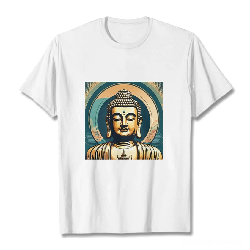 Golden Buddha graphic t-shirt flat lay front view white cotton premium