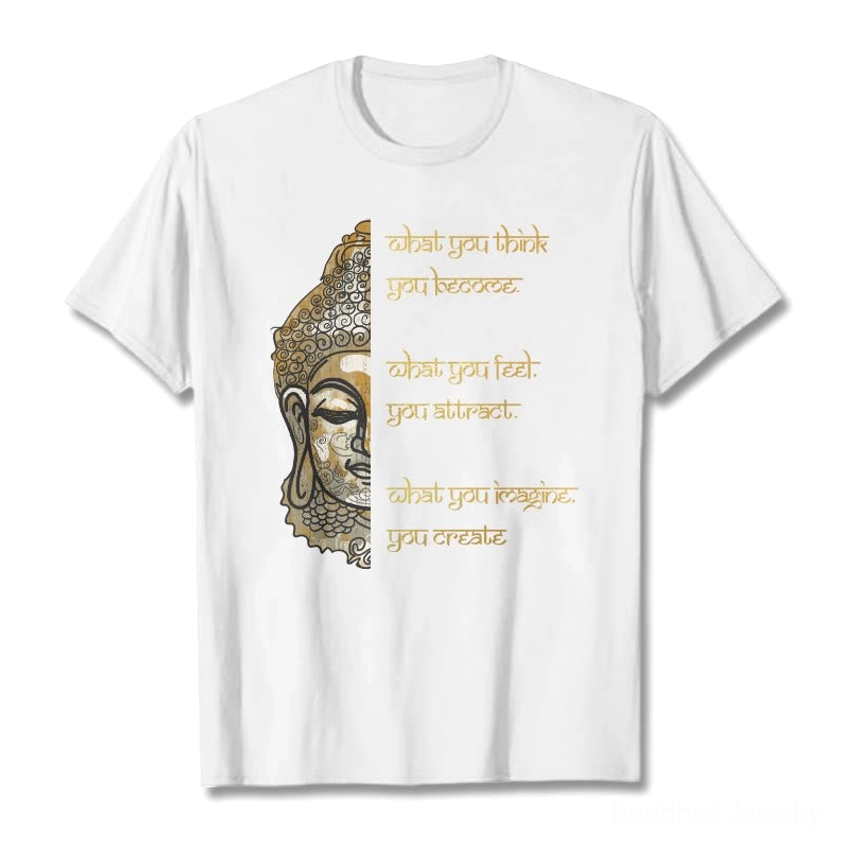 White Buddha mindfulness t-shirt flat lay with gold printed positive thinking quote graphic