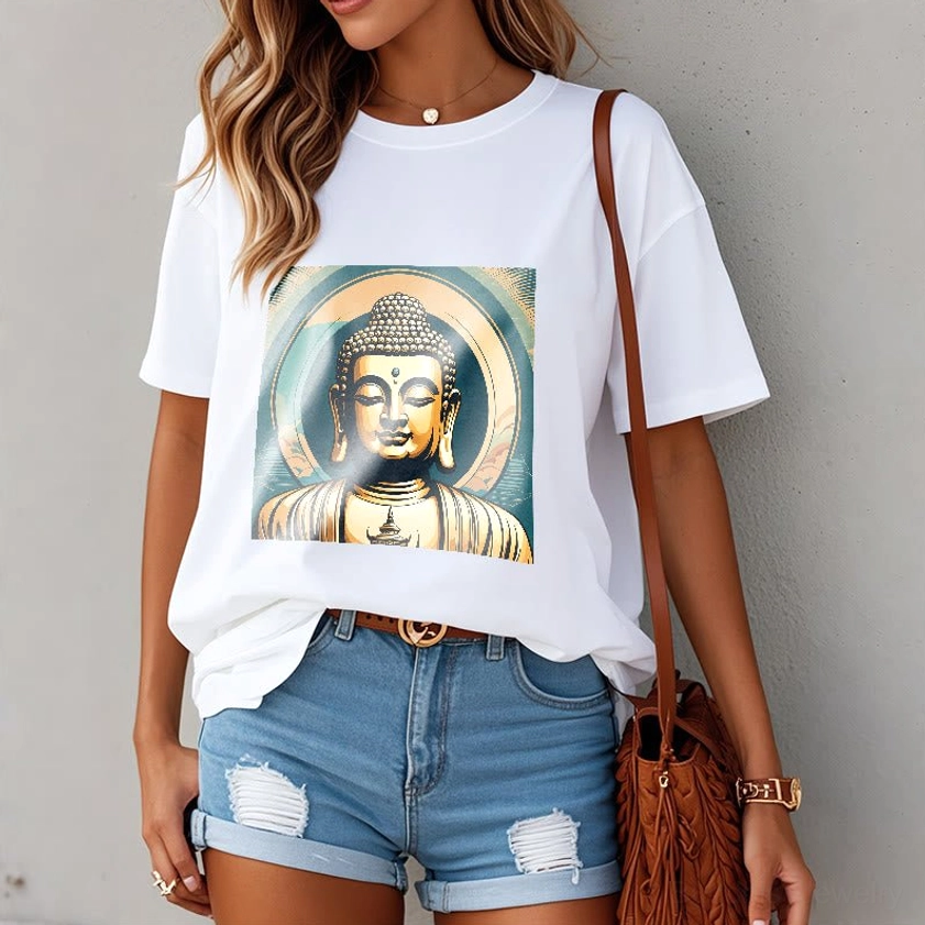 Golden Buddha spiritual t-shirt women styled white minimalist background