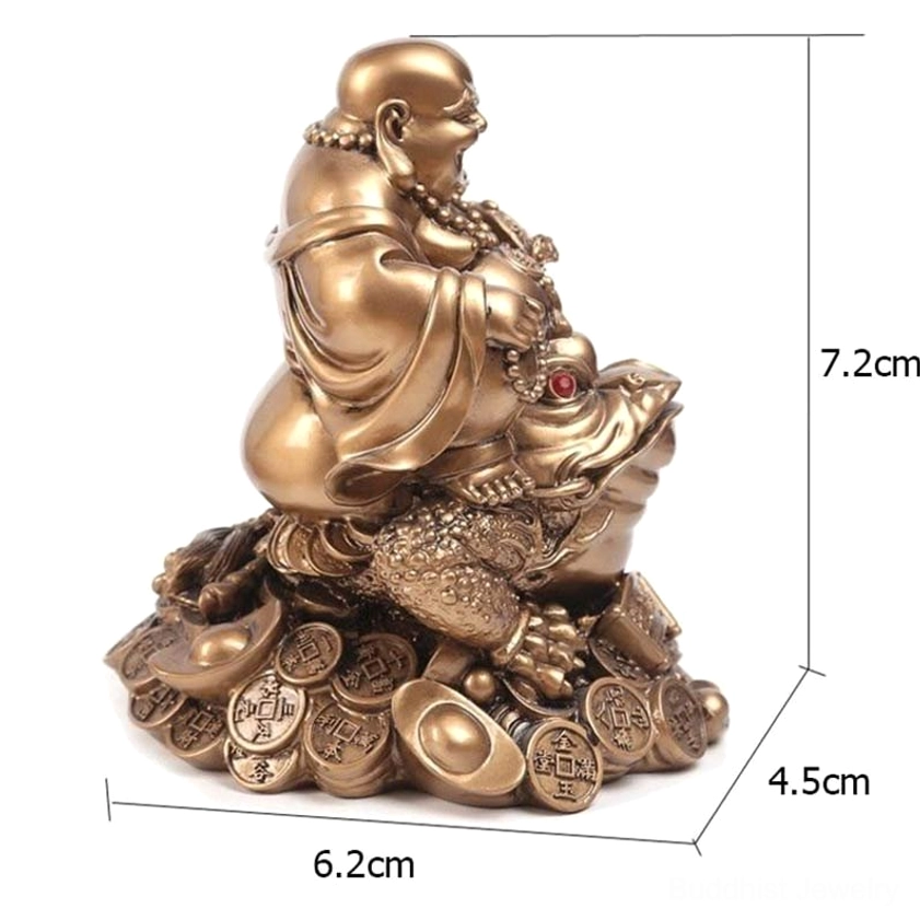 Laughing Buddha feng shui money toad three quarter side view with size comparison