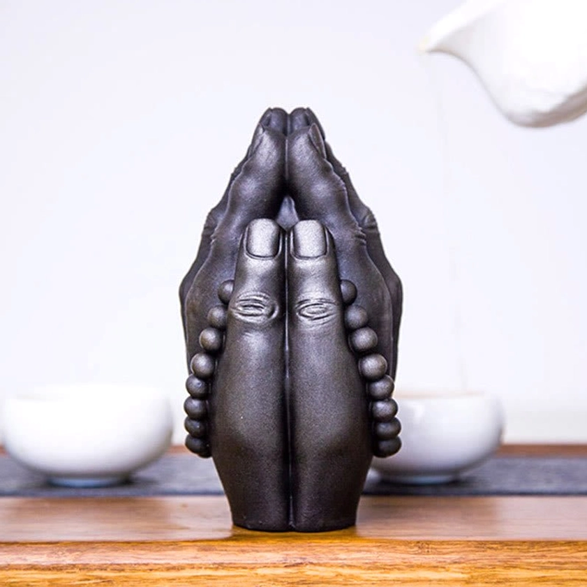 Rust finish Buddha Namaste hand statue with vintage bronze aesthetic and aged patina for authentic spiritual décor