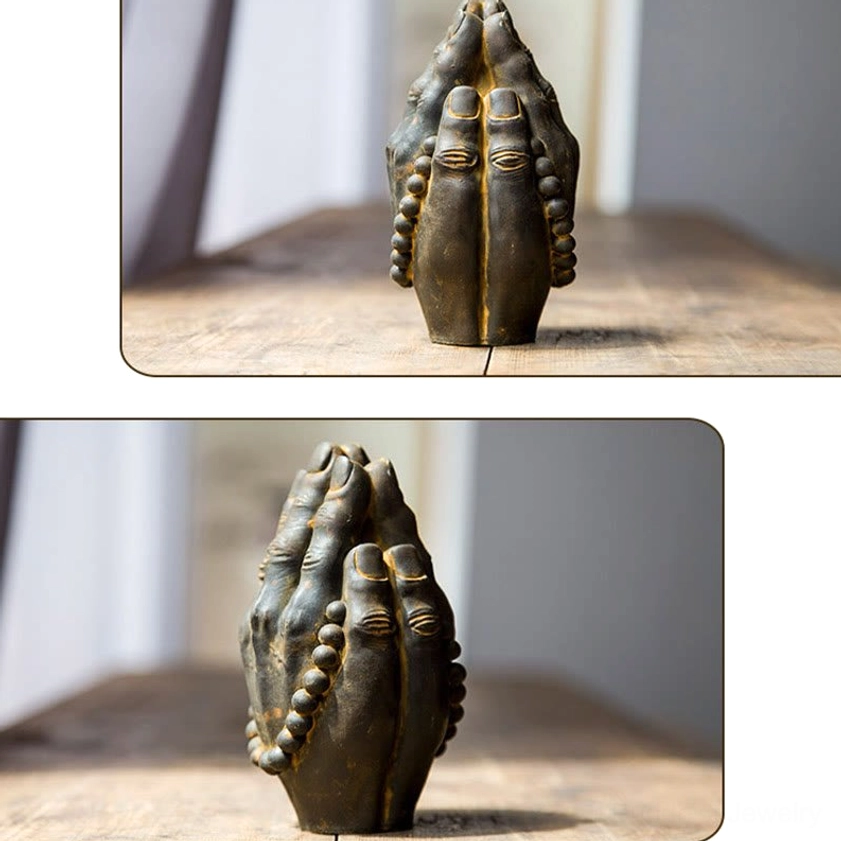 Buddha Namaste hand meditation statue with authentic aged bronze texture and spiritual symbolism for peaceful sanctuary spaces