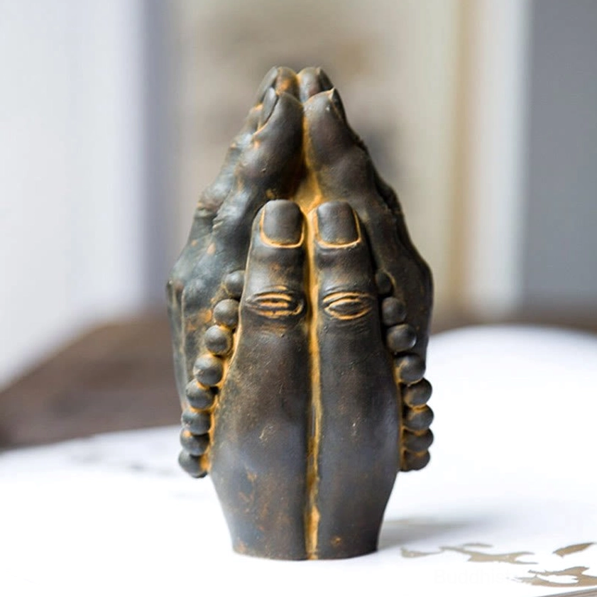 Premium handcrafted Buddha Namaste hand statue made from iron powder and resin for meditation altar and spiritual décor