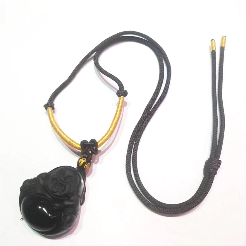 Buddha obsidian pendant necklace with brown woven rope adjustable closure