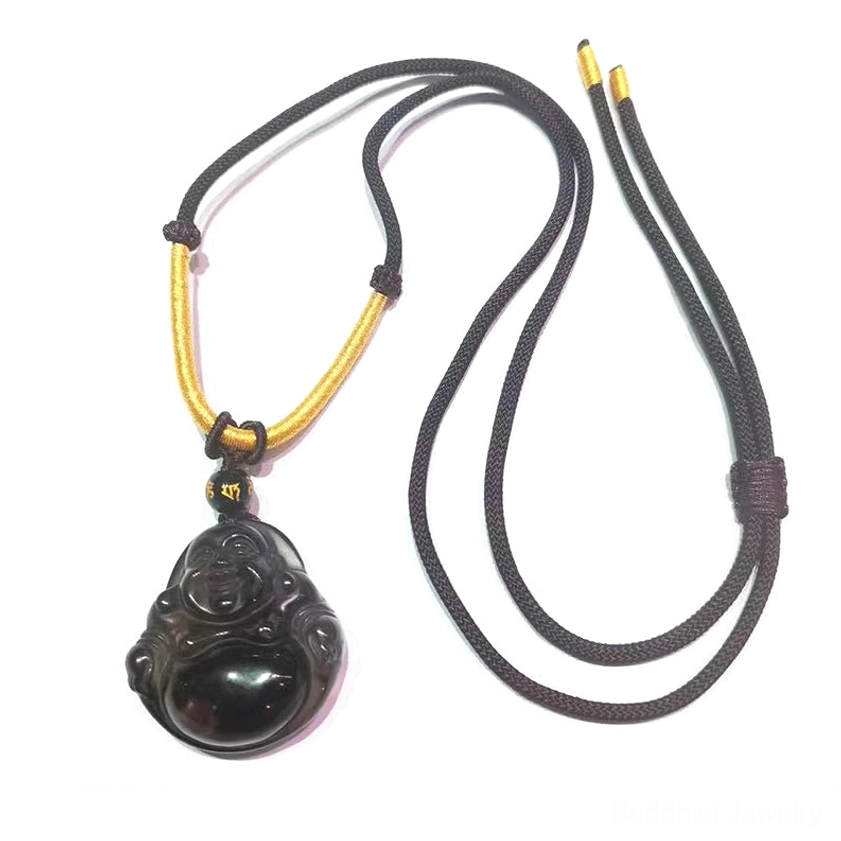 Buddha pendant on decorative cord with gold trim woven rope and extra adjustable cord flat lay