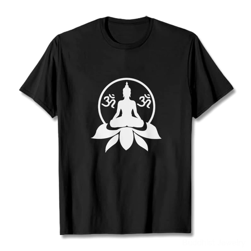 Buddha OM lotus spiritual t-shirt flat lay black base white graphic print studio display