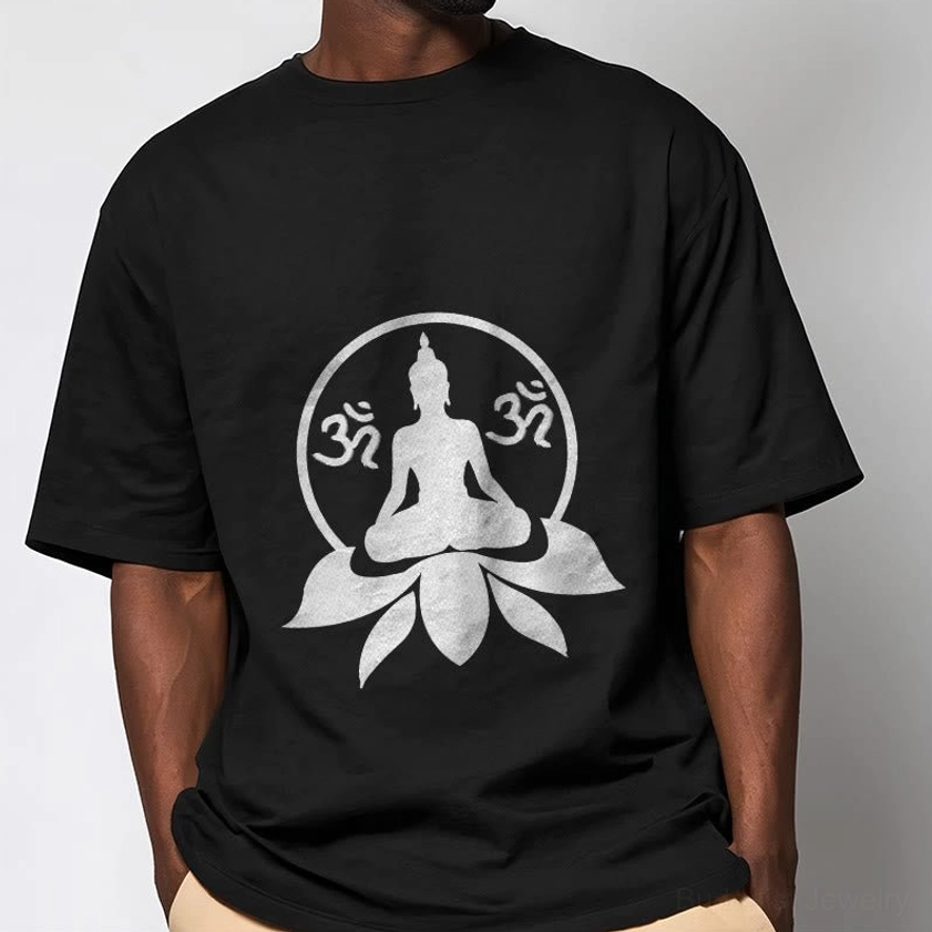 Male model relaxed fit black Buddha lotus OM t-shirt with white spiritual graphic