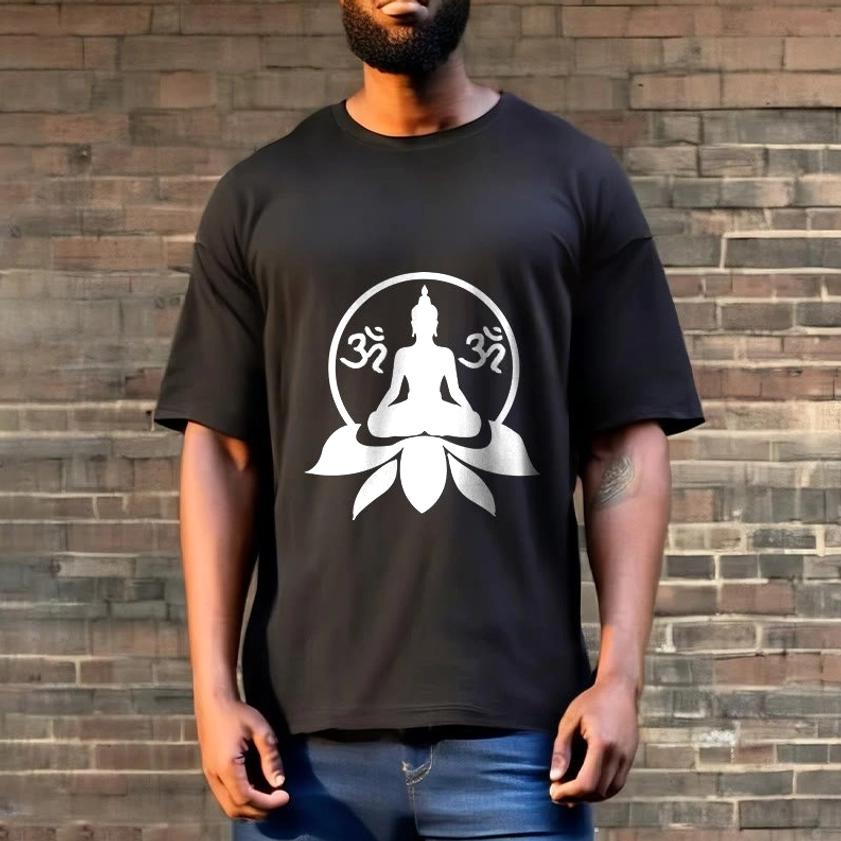 Street style outdoor brick wall background man wearing black Buddha OM lotus tee white print