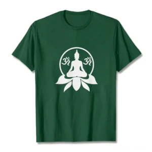 Buddha OM lotus spiritual t-shirt flat lay front view dark green with white graphic print