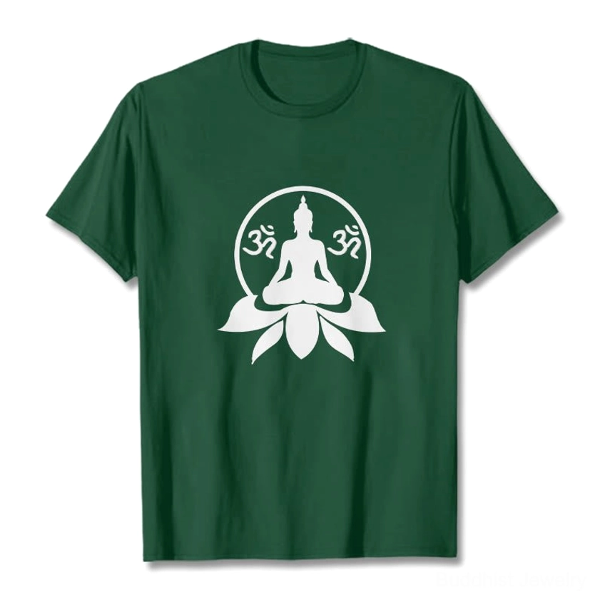 Buddha OM lotus spiritual t-shirt flat lay front view dark green with white graphic print