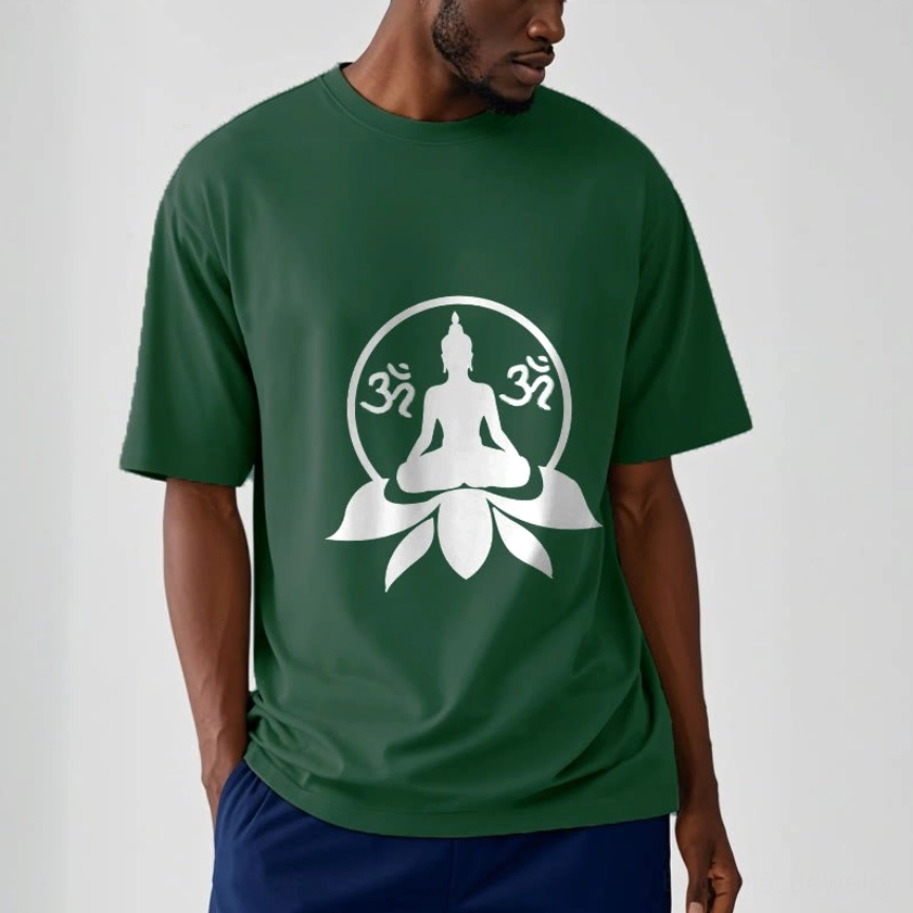 Men wearing dark green Buddha lotus OM t-shirt with white spiritual graphic print studio shot