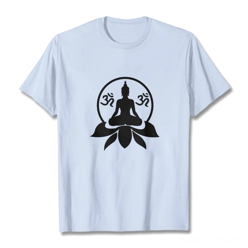 Light grey Buddha lotus OM spiritual t-shirt flat lay showing front graphic detail