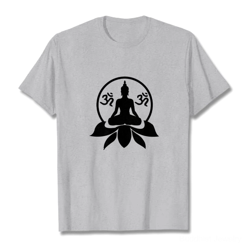 Light grey Buddha OM lotus spiritual meditation t-shirt front and back display view
