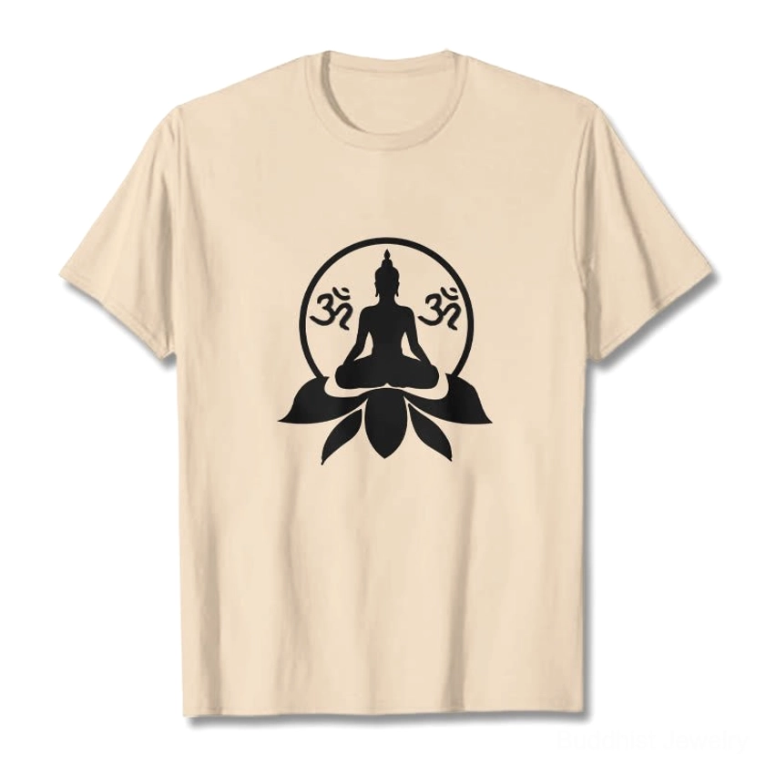 Light grey Buddha OM lotus t-shirt detail shot showing white ink spiritual print