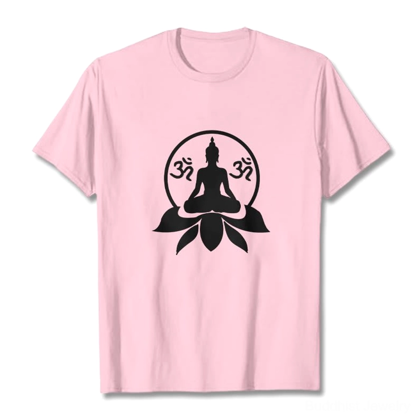 Light grey Buddha OM lotus meditation t-shirt close-up of sacred graphic print