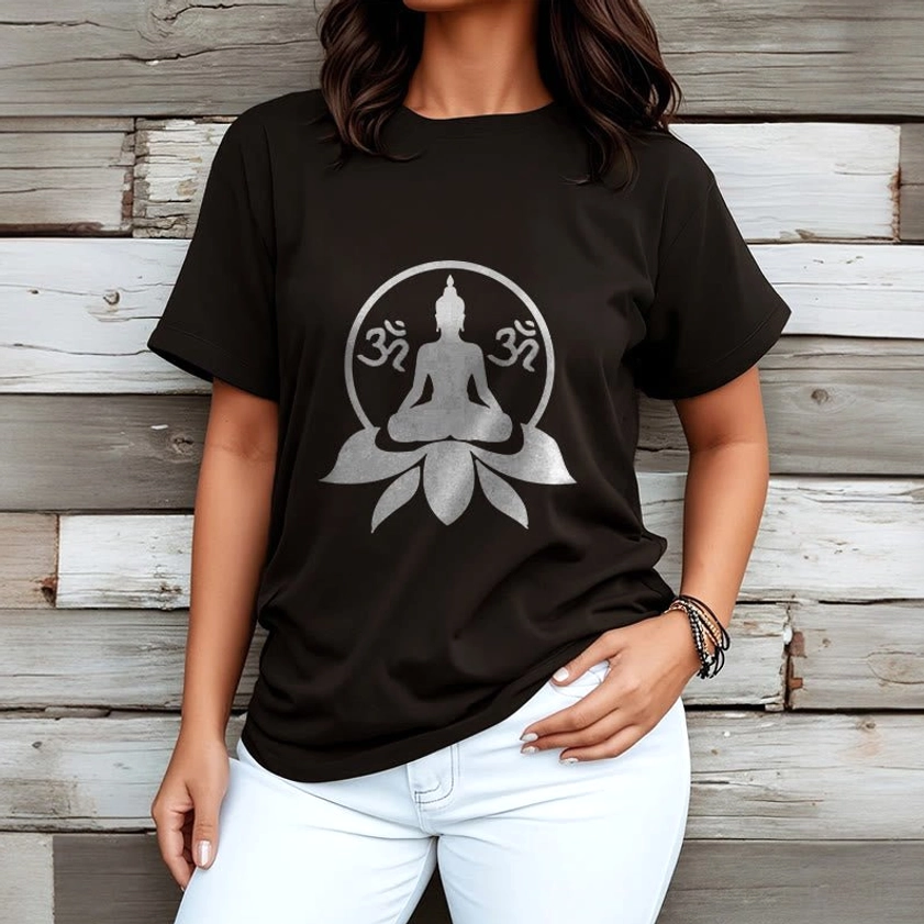 Buddha OM lotus meditation t-shirt light grey color unisex crew neck side angle view