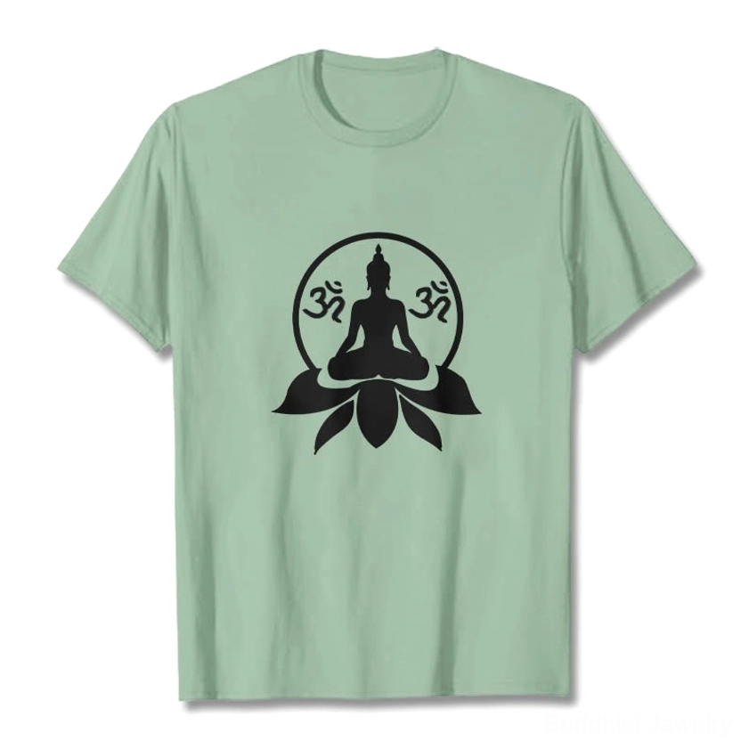 Pale green meditation t-shirt Buddha lotus OM symbol back graphic view