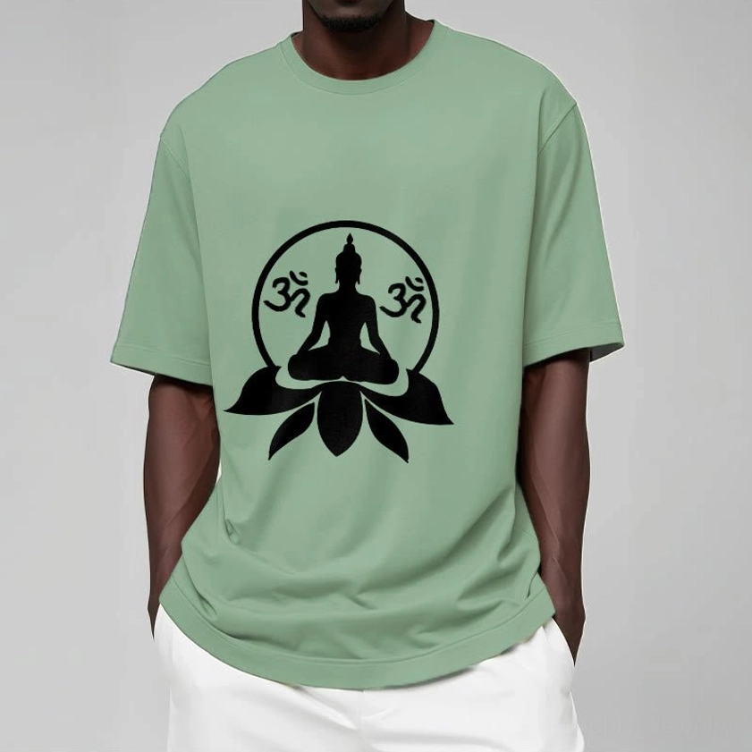 Pale green Buddhist t-shirt back view showing quality stitching and fabric drape