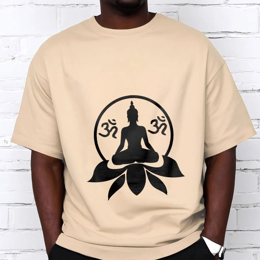 Pale green Buddhist meditation t-shirt with Buddha lotus OM sacred symbol graphic