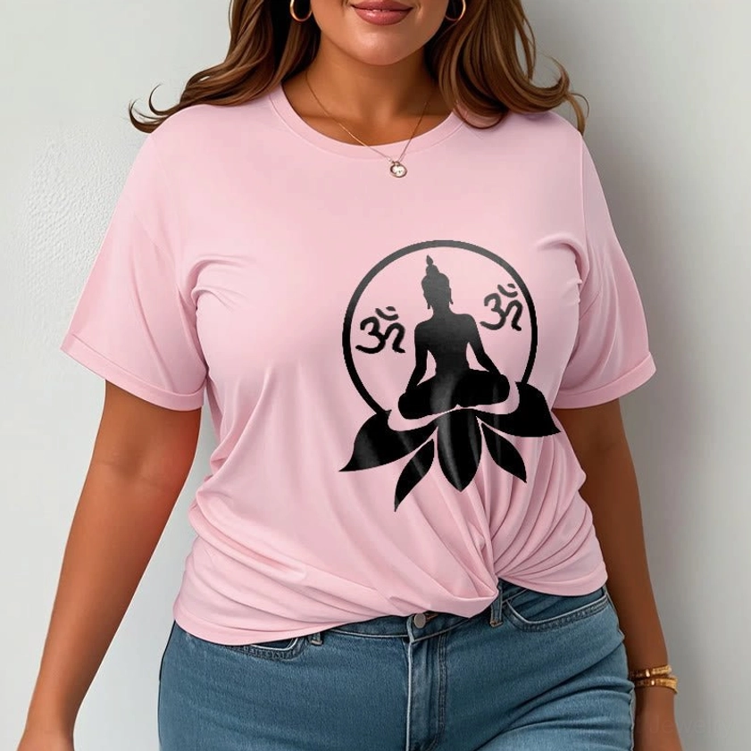 Pale green Buddha lotus OM spiritual t-shirt side profile fit demonstration model