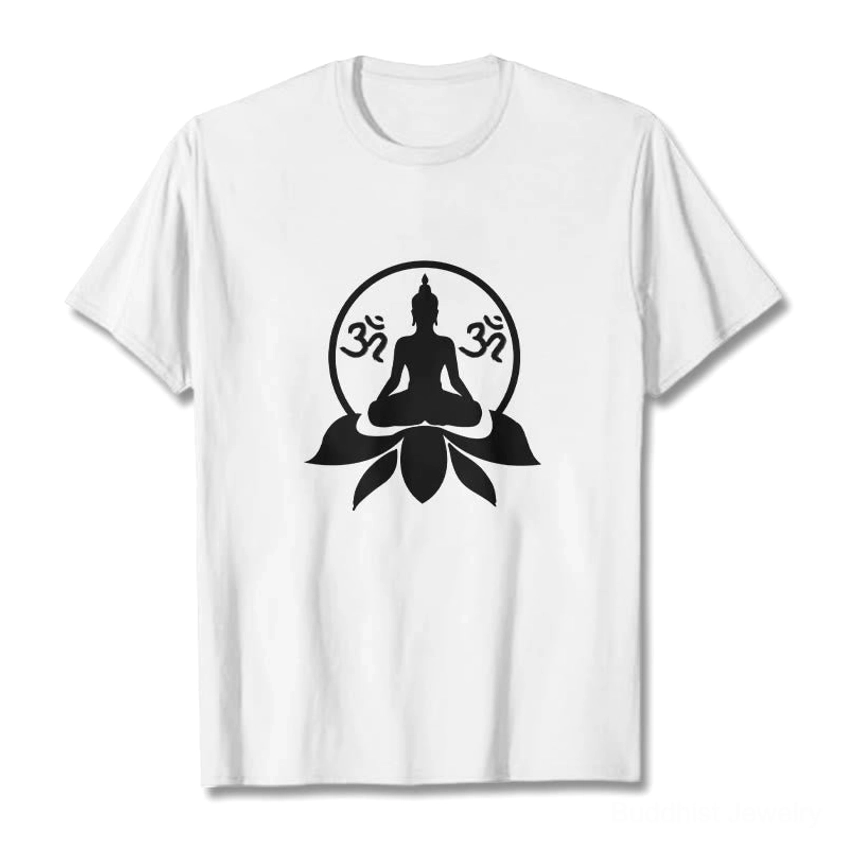 Buddha OM lotus t-shirt flat lay white base black spiritual graphic print studio background