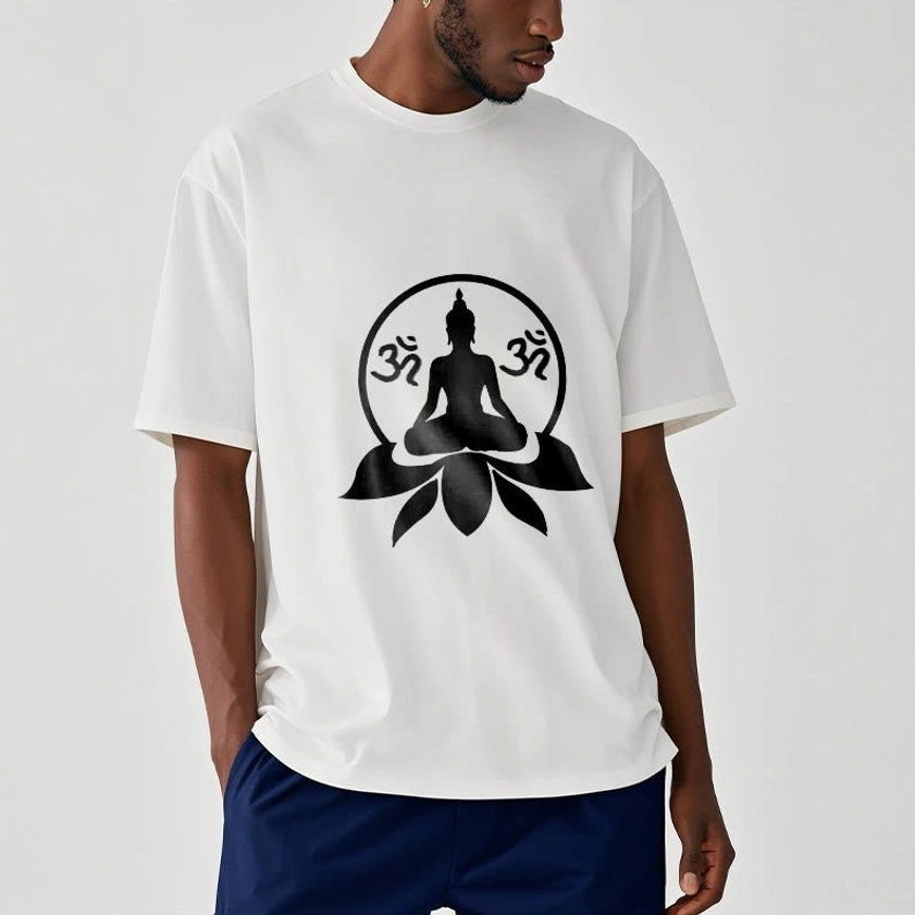 Male model wearing white Buddha lotus OM meditation t-shirt with black graphic print