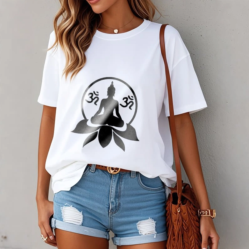 Female model wearing white Buddha OM lotus t-shirt with denim shorts casual styling