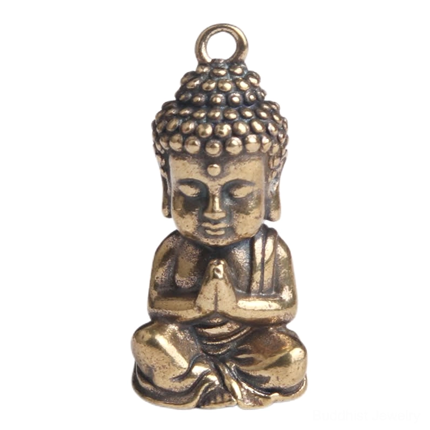 High-resolution close-up of Buddha copper pendant with clear facial features and authentic aged bronze patina