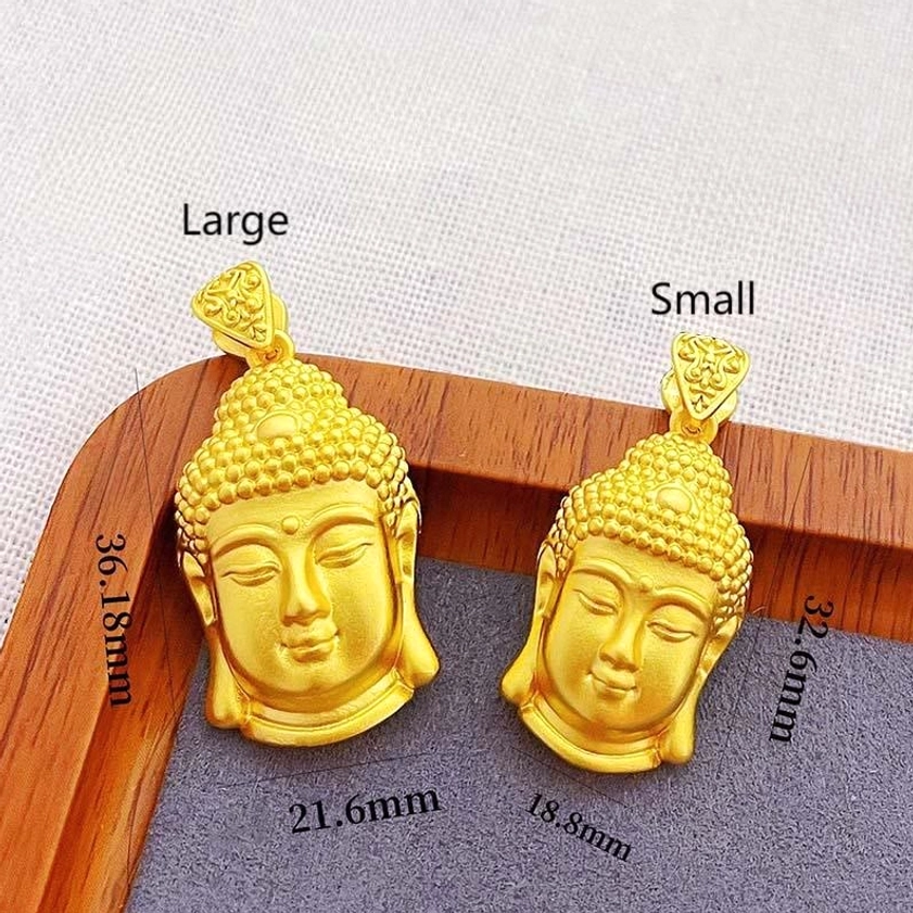 Size comparison of small and large Buddha head pendants with dimension labels