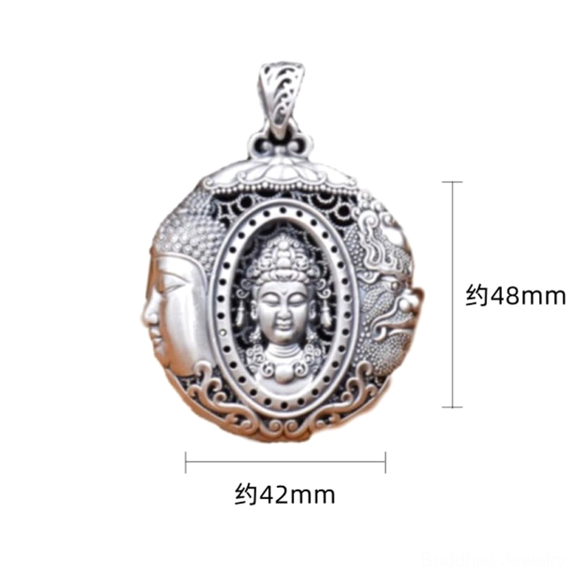 Buddhist pendant size reference with measurements 48mm x 42mm, standard embossed Buddha design on white background