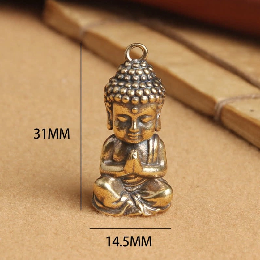 Buddha keychain pendant with size comparison markers showing 31mm height and 14.5mm width dimensions
