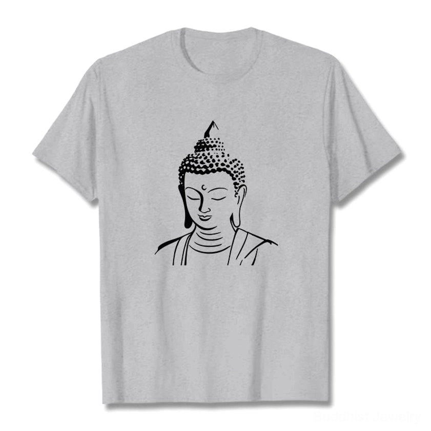 Buddha head graphic t-shirt close-up print quality detail mindfulness wear