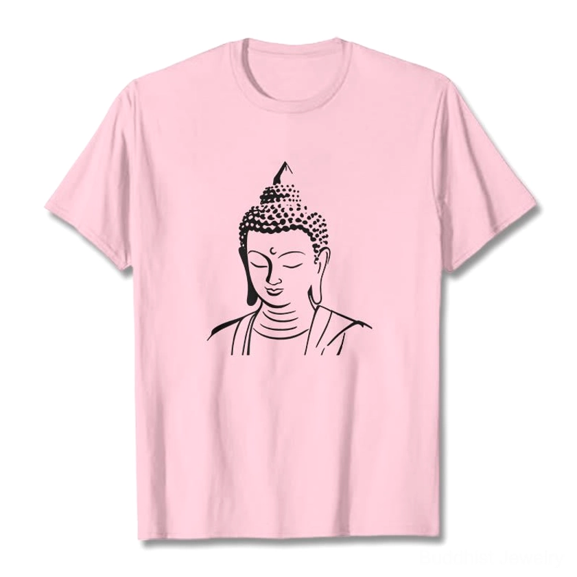 Light pink Buddha head spiritual t-shirt front chest graphic detail view