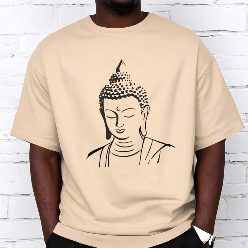 Spiritual graphic t-shirt on male model beige Buddha print casual wear