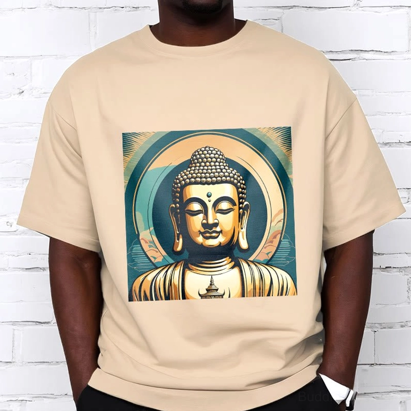 Buddhist meditation t-shirt men khaki casual wear white brick background