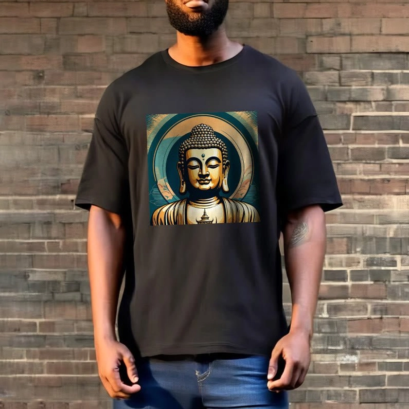 Buddhist graphic t-shirt men outdoor street style brick wall background