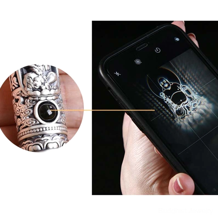 Chinese zodiac Buddha pendant projection effect demonstration with smartphone showing holographic Buddha on screen