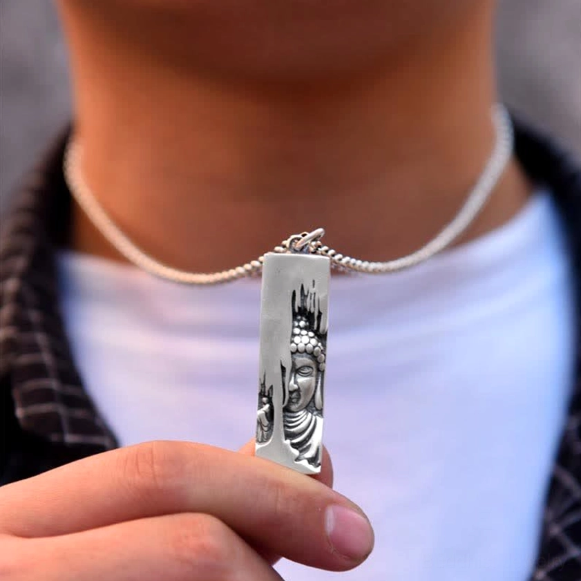 Buddha protection pendant necklace choker style - silver Buddha relief worn close to neck with white inner wear