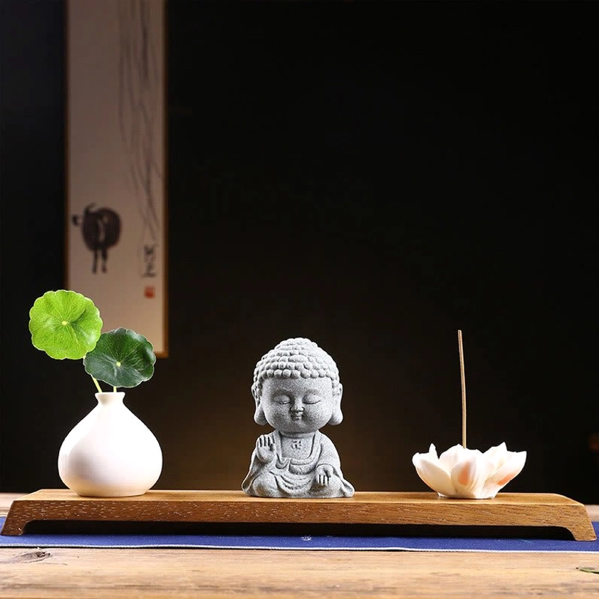 Buddha raises hand with decorative wooden base and ceramic vase complete spiritual home décor display set