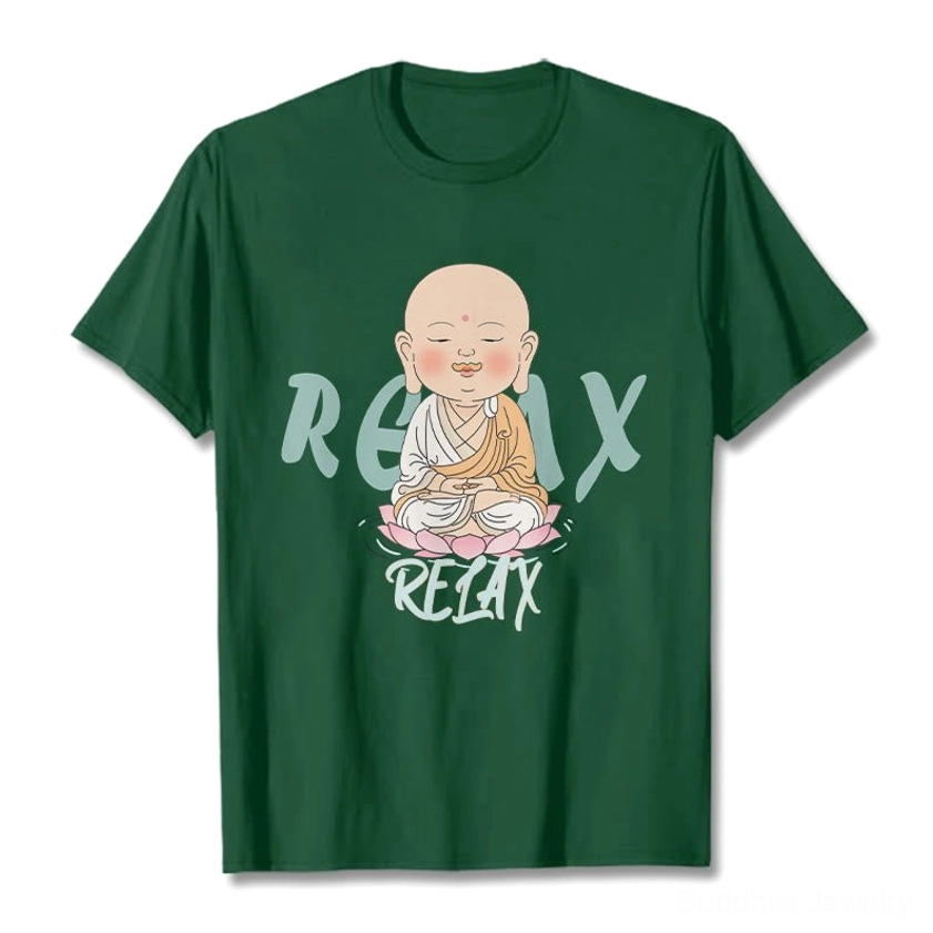Buddhist relax t-shirt back view showing blank reverse side, clean crew neck design