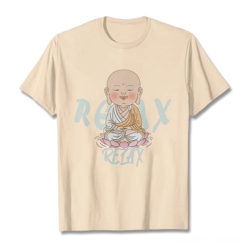 Beige tan Buddhist relax cotton t-shirt with monk graphic and RELAX print, flat lay on neutral background