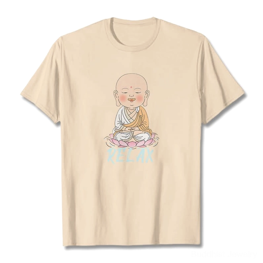 Beige Buddhist relax t-shirt size comparison chart with measurements in centimeters