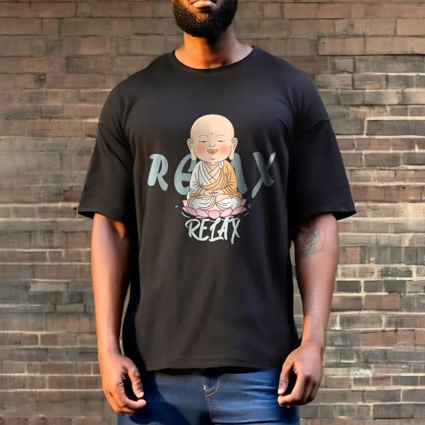 Full body casual wear of black Buddhist relax tee paired with blue denim jeans on brick wall background