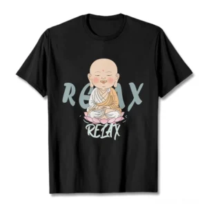Black Buddhist relax cotton t-shirt with monk graphic and RELAX text, flat lay front view on white background