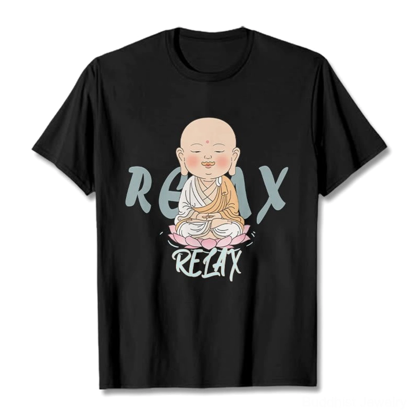 Black Buddhist relax cotton t-shirt with monk graphic and RELAX text, flat lay front view on white background