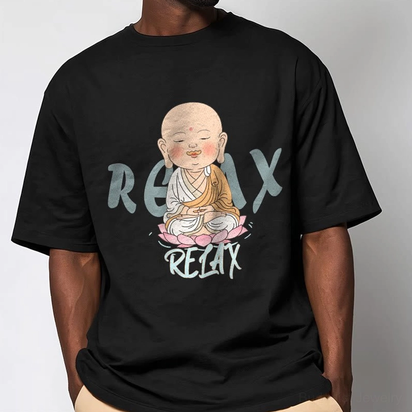 Man wearing black Buddhist mindfulness t-shirt with Buddha monk design, casual upper body model shot
