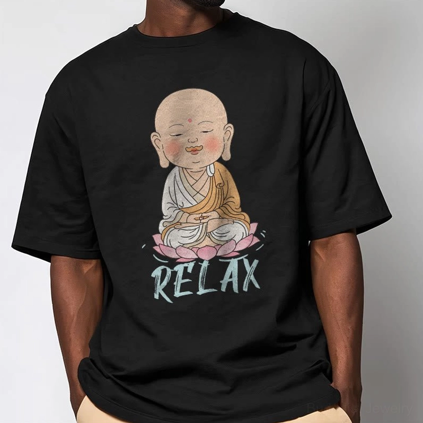 Black Buddhist relax t-shirt size chart comparison showing all available sizes S to 2XL